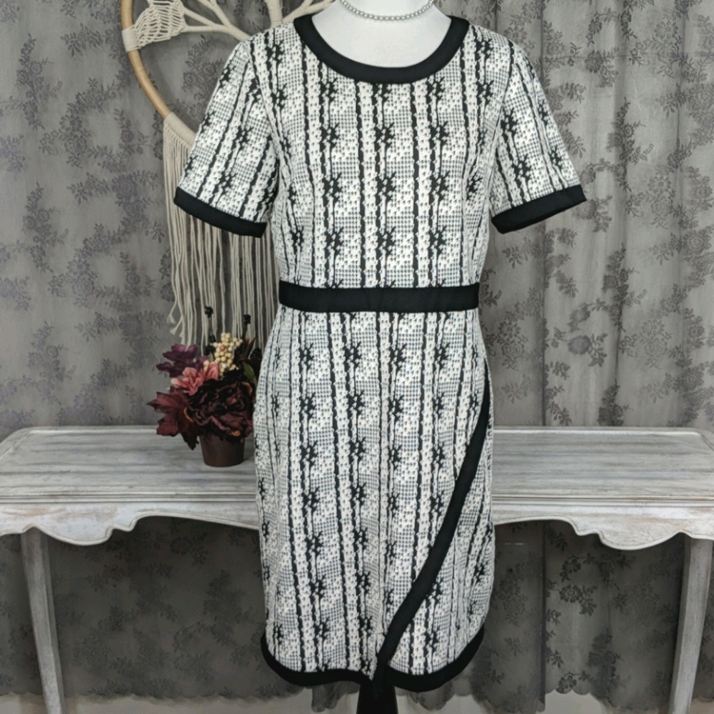 Beige by ECI black and white knit dress with asymmetrical hem